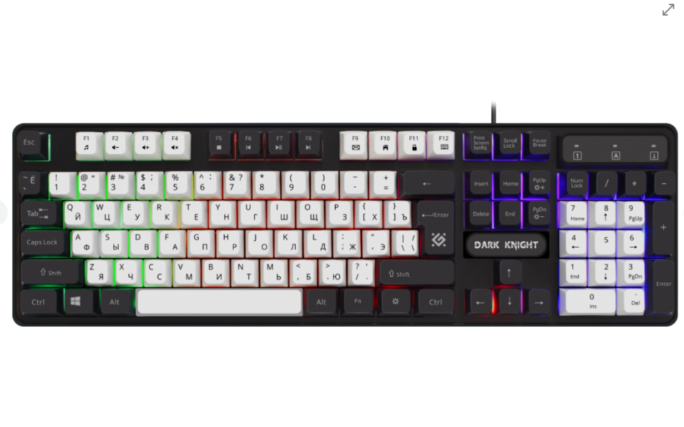 Клавиатура проводная игровая DEFENDER Dark Knight GK-077 с подсветкой, черная с белыми кнопками