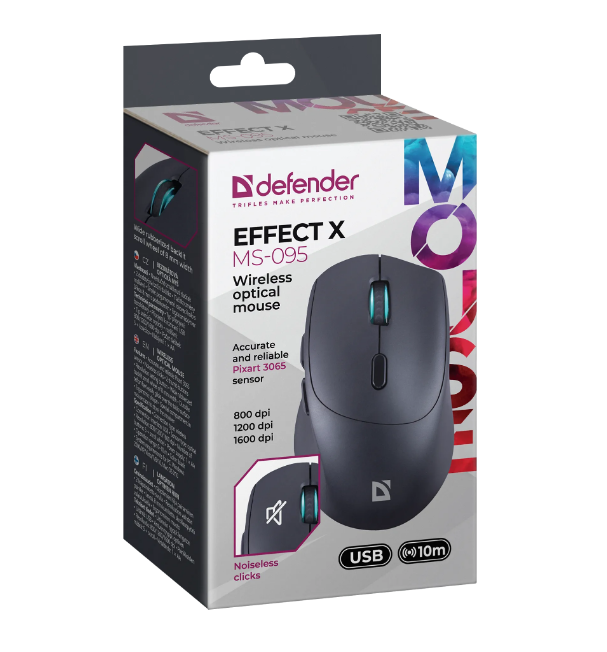 Мышь беспроводная Defender Effect X MS-095, бесшумная, черная
