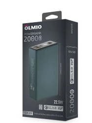 Внешнее ЗУ Olmio QX-20 20000mAh, QC3.0/PD, LCD, 22.5W, темно-зеленый