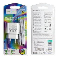 СЗУ HOCO C109A, 1*USB QC3.0 + кабель MicroUSB, блистер, белое