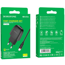 СЗУ Borofone BA49A 1 разъем USB, 2.1A + кабель Type-C, черное*