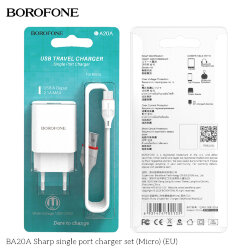 СЗУ Borofone BA20A 1 разъем USB, 2.1A + кабель MicroUSB, белое