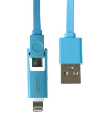 Кабель USB Partner (Olmio) 2 в 1 (MicroUSB + iPhone5) 2.1A плоский голубой 1.0 метр