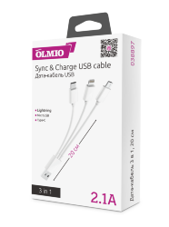 Кабель Olmio USB 2.0 3-в-1 MicroUSB/Type-C/iPhone 5 только зарядка, 0.2 м