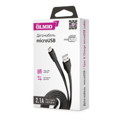 Кабель USB - MicroUSB Olmio плоский 2,1A черный