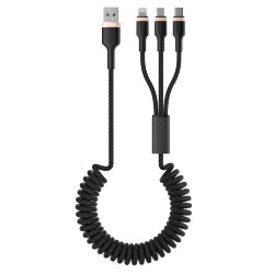 Кабель Olmio SPRING USB 2.0 3-в-1 MicroUSB/Type-C/Lightning, 3A, черный, 1.5 м