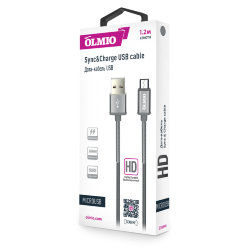 Кабель USB - MicroUSB Olmio HD металлический штекер с пружиной 2,1A серый