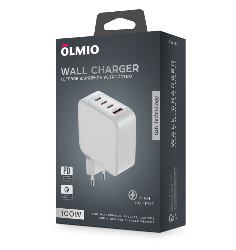 СЗУ Olmio GaN 3*Type-C PD100W и PD30W + 1*USB QC3.0 30W, Max 100W, белое