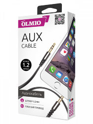 AUX кабель Olmio 3,5 * 3.5 плоский металлический штекер 1,2 метра черный