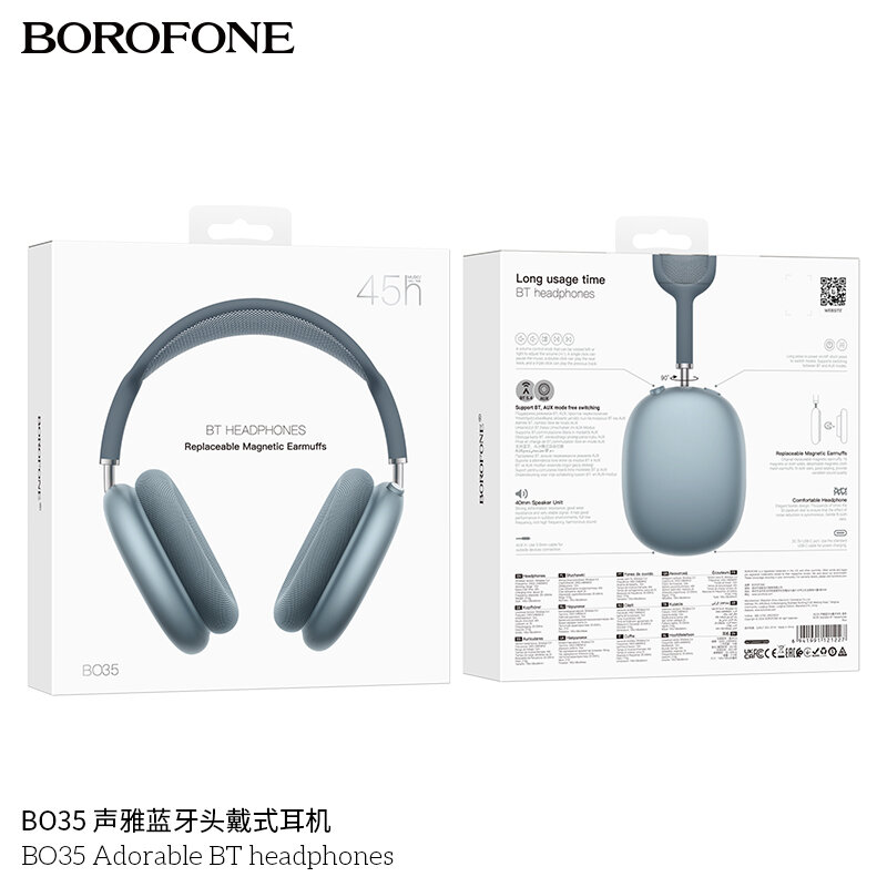Гарнитура Bluetooth  BOROFONE BO35 Adorable, магнитные амбушюры, полноразмерная, синяя