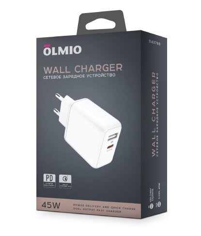 СЗУ Olmio 1*Type-C PD45W + 1*USB QC3.0 18W, Max 45W, белое