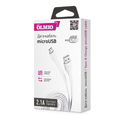 Кабель USB - MicroUSB Olmio плоский 2,1A белый