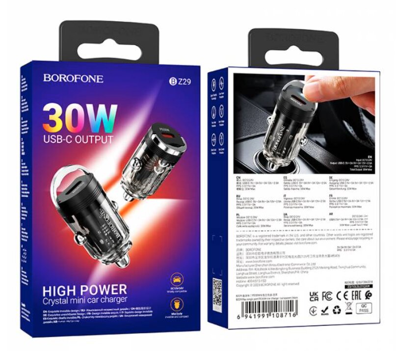 АЗУ Borofone BZ29, 1*PD30W, прозрачный корпус, черное