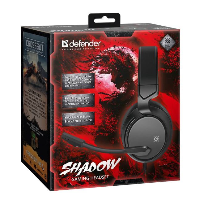 Гарнитура игровая Defender Shadow, провод 2 метра, черная