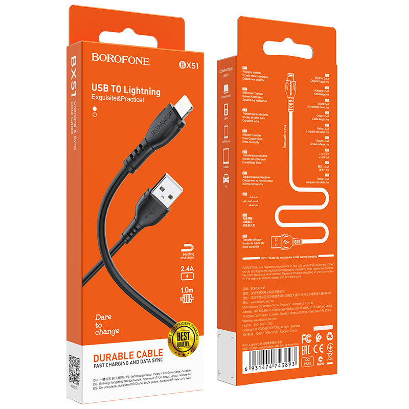 Кабель USB - Lightning Borofone BX51 Triumph 1М черный