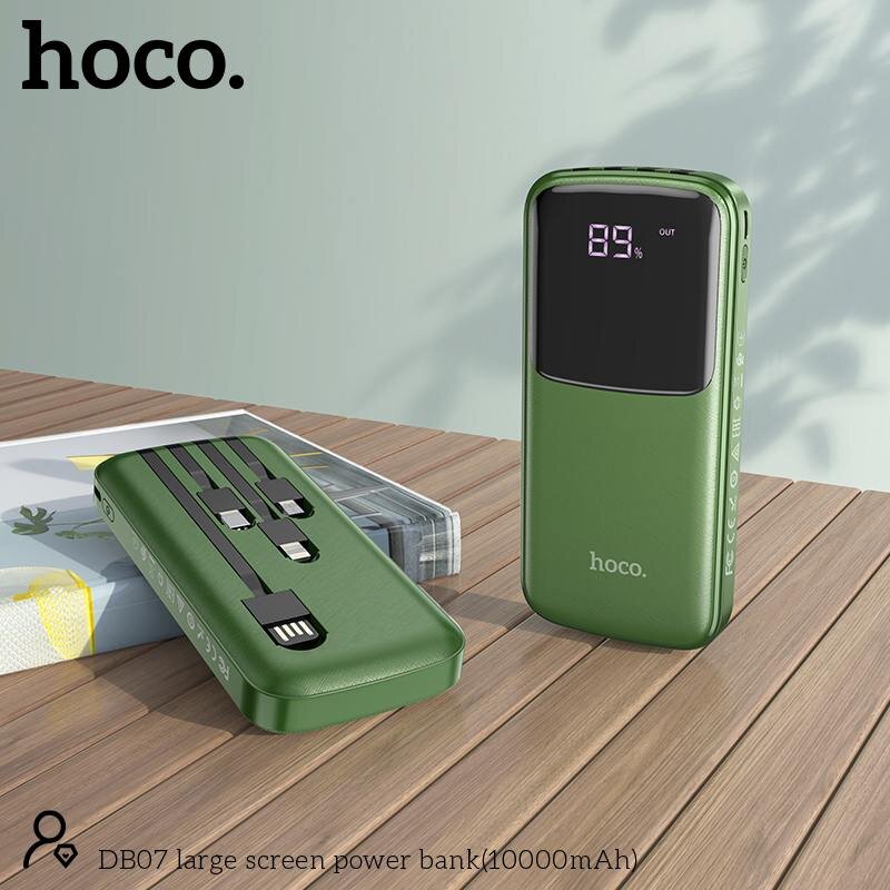 Внешнее ЗУ Power Bank HOCO DB07 10000mAh + встроенные кабели, зеленое
