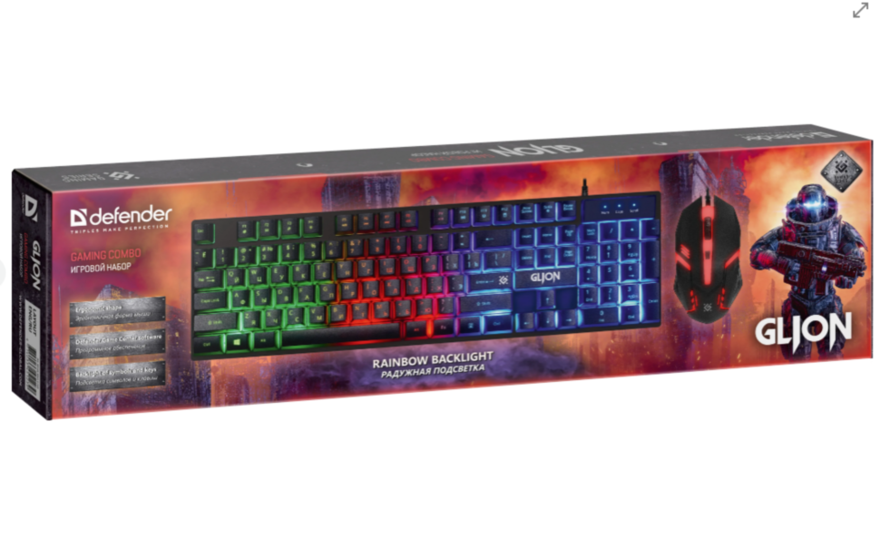 Комплект проводной игровой Клавиатура + Мышь Defender Glion C-123, подсветка RGB, черный