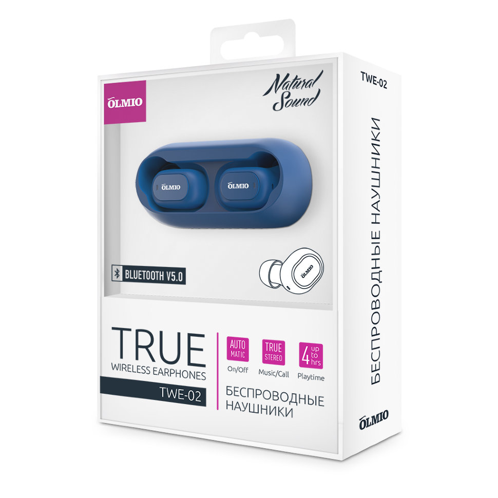Наушники БЕСПРОВОДНЫЕ OLMIO "TWE-02" Bluetooth 5.0, True Wireless, синие