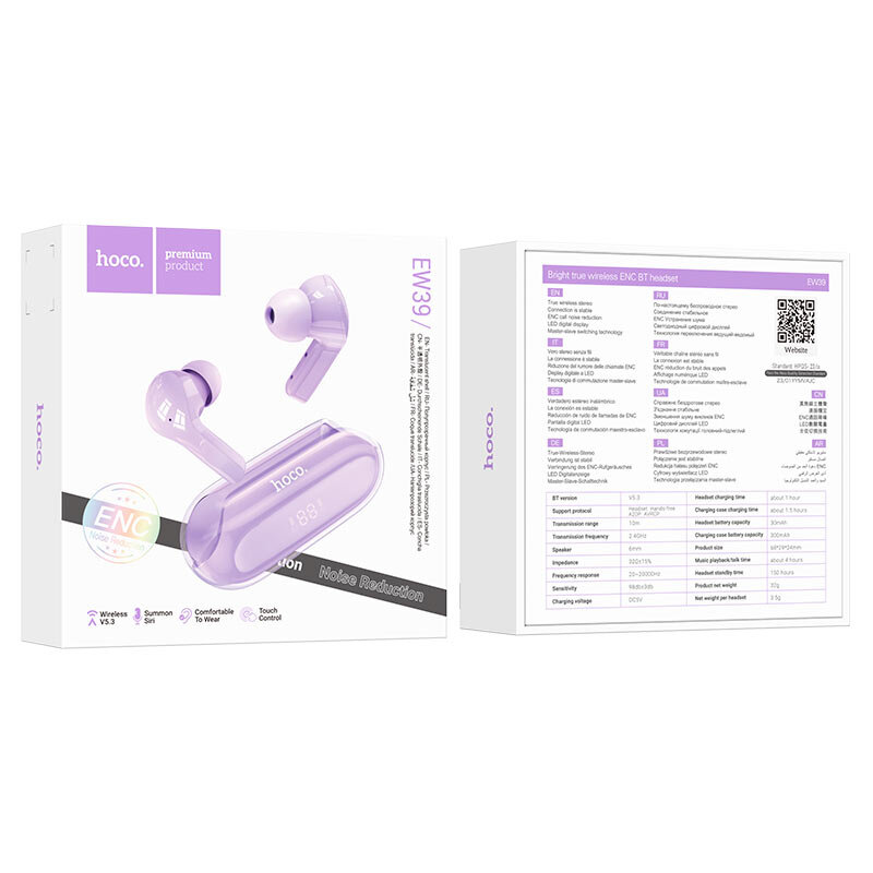 Наушники Bluetooth HOCO EW39 TWS, фиолетовые