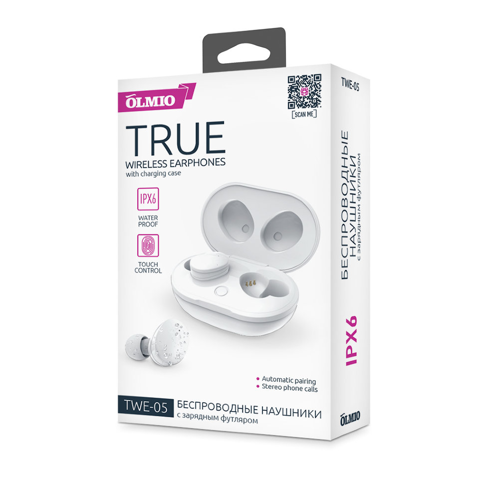 Наушники БЕСПРОВОДНЫЕ OLMIO "TWE-05" Bluetooth 5.0, True Wireless, белые