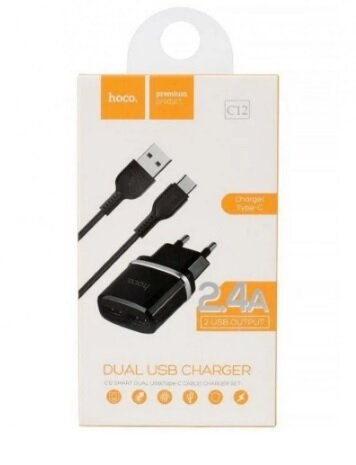СЗУ HOCO C12, 2*USB, 2.4A, Max 12W + кабель Type-C, черное