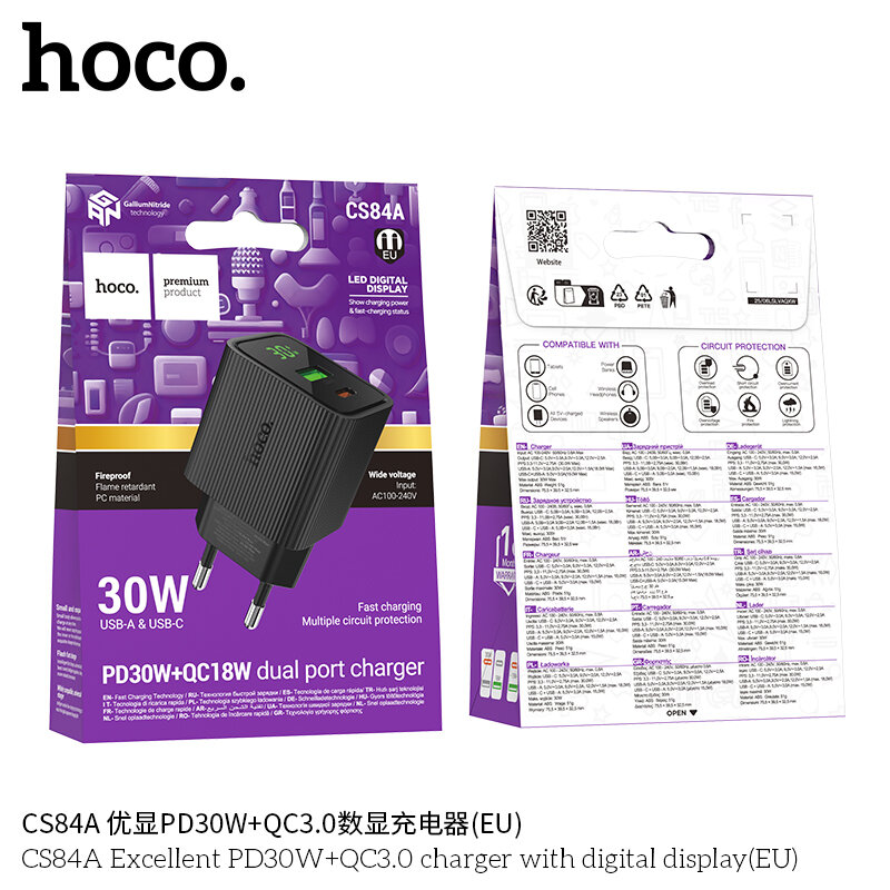 СЗУ HOCO CS84A, 1*PD30W + 1*USB QC3.0, with Display, черное