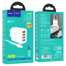 СЗУ HOCO C102A, 4*USB QC3.0 + кабель Lightning, белое