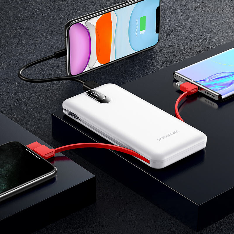 Внешнее ЗУ Power Bank BOROFONE BJ2 Buena 10000mAh + встроенный кабель Type-C-Micro-Lightning, белое