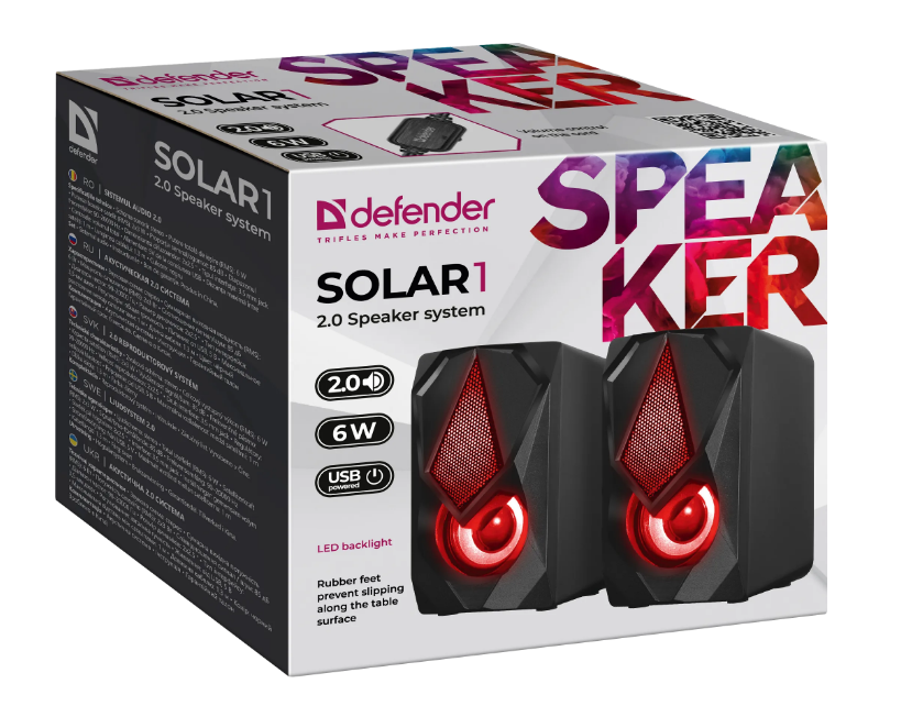 Колонки для компьютера Defender Solar 1 6Вт, подсветка, черные