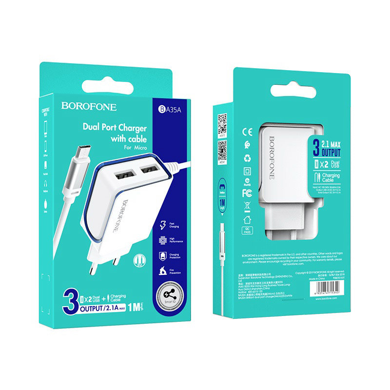 СЗУ Borofone BA35A microUSB с 2 разъемами USB, 2.1A, белое (целиковое)