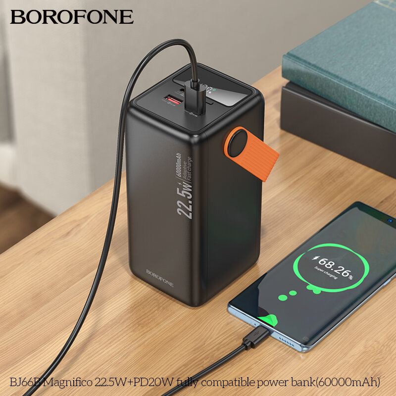 Внешнее ЗУ Power Bank BOROFONE BJ66B QC3.0 22.5W + PD20W, 60000mAh с фонариком, черное
