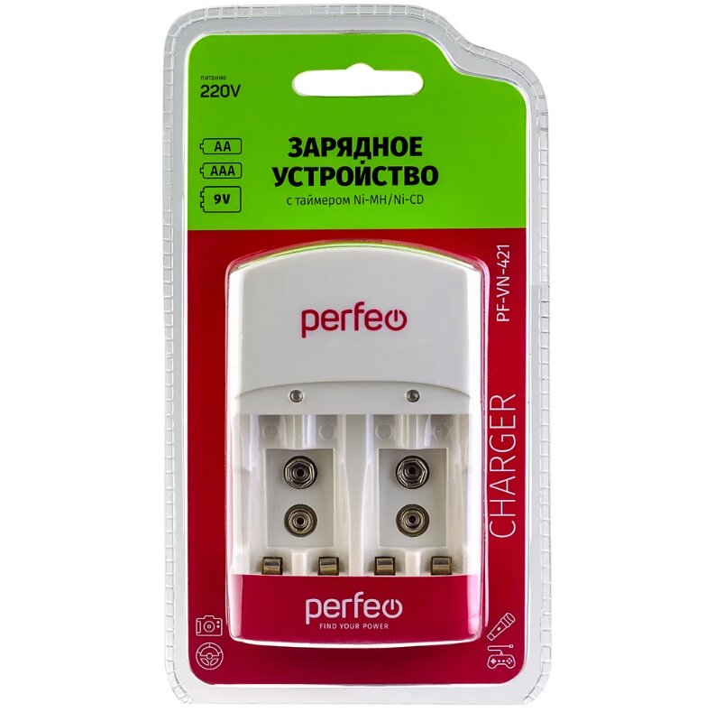 Зарядное устройство Perfeo PF-VN-421 (2-4 акк. Ni-MH, 1-2 акк. крона) таймер, питание 220v