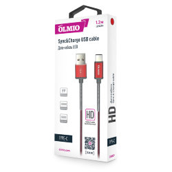 Кабель USB - Type-C Olmio HD металлический штекер с пружиной 2,1A красный