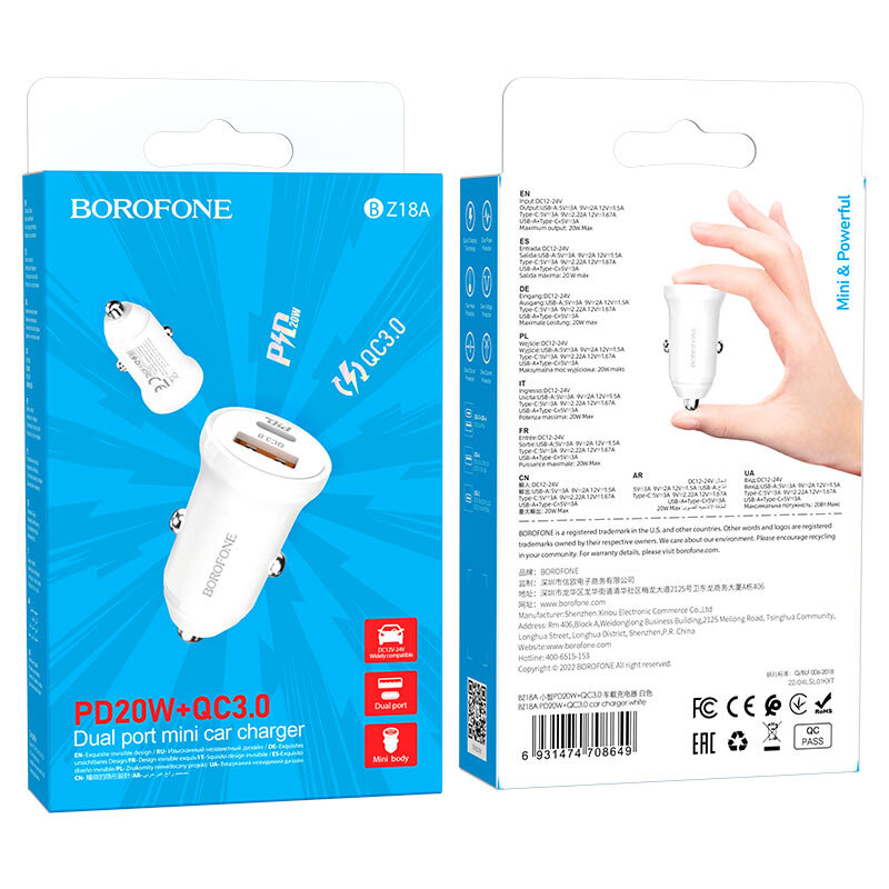 АЗУ Borofone BZ18A, 1*PD20W + 1*USB QC3.0 18W, белое