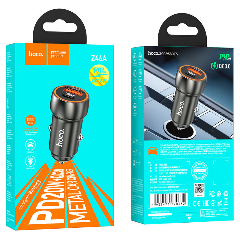 АЗУ HOCO Z46A, 1 разъем PD20W + 1 разъем QC3.0, металлический корпус, metal gray