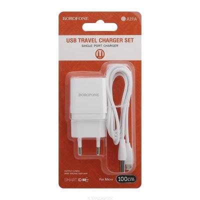 СЗУ Borofone BA19A 1 разъем USB, 1A + кабель microUSB, белое*