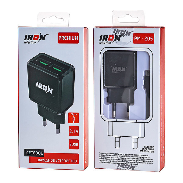 СЗУ с 2-мя разъемами USB IRON Selection PREMIUM, 2.1A + кабель microUSB, черное
