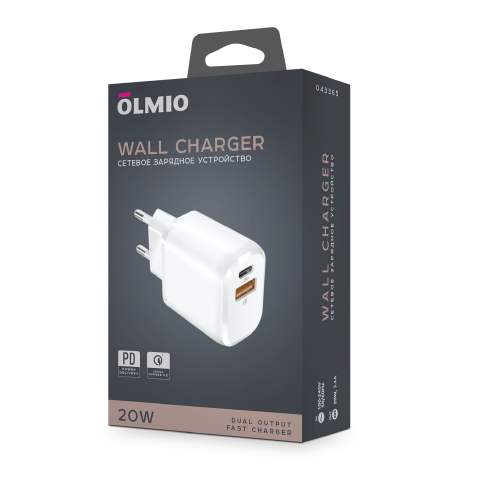 СЗУ Olmio 1*Type-C PD20W + 1*USB QC3.0 18W, белое