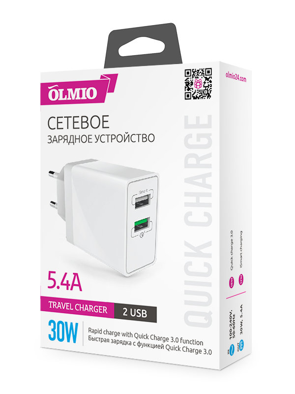 СЗУ с 2-мя разъемами USB Olmio, 5.4A Smart IC, 30W, QC3.0 белое