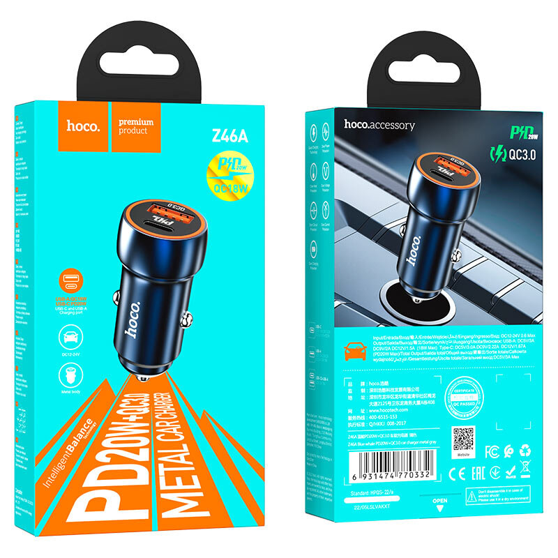 АЗУ HOCO Z46A, 1 разъем PD20W + 1 разъем QC3.0, металлический корпус, sapphire blue