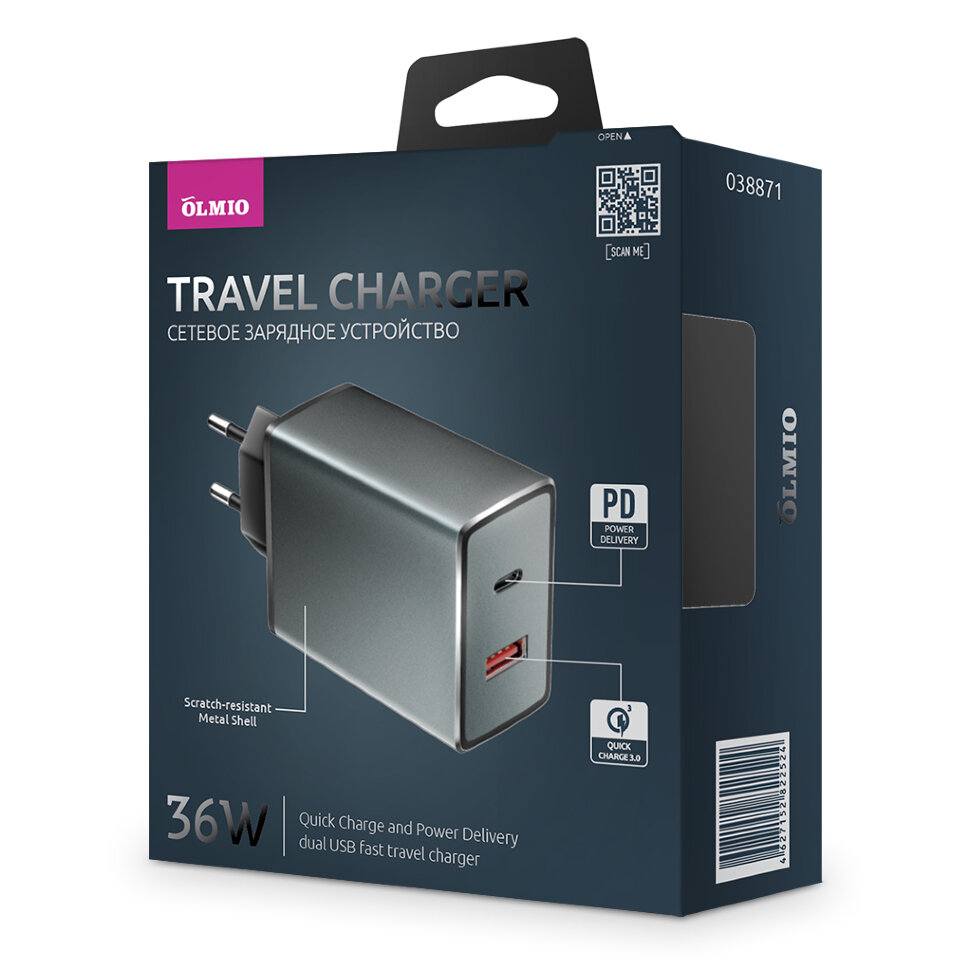 СЗУ с разъемами USB QC3.0 и Type-C PD, Olmio, 6A, 36W (поврежд,.упаковка)