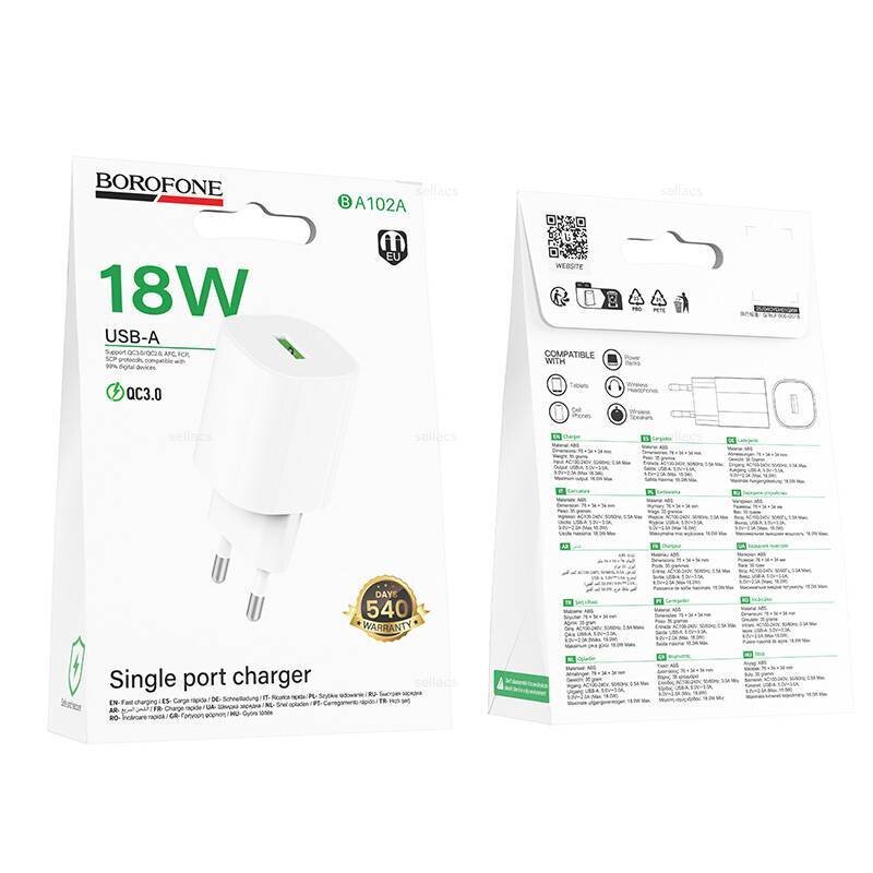 СЗУ Borofone BA102A 1*USB QC3.0 18W, белое