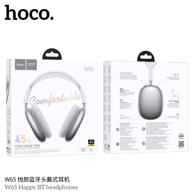 Гарнитура Bluetooth HOCO W65 Happy, bluetooth 5.4, полноразмерная, магнитные амбушюры, серебро