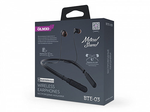 Наушники БЕСПРОВОДНЫЕ внутриканальные OLMIO "BTE-03" Bluetooth 4.1, черные