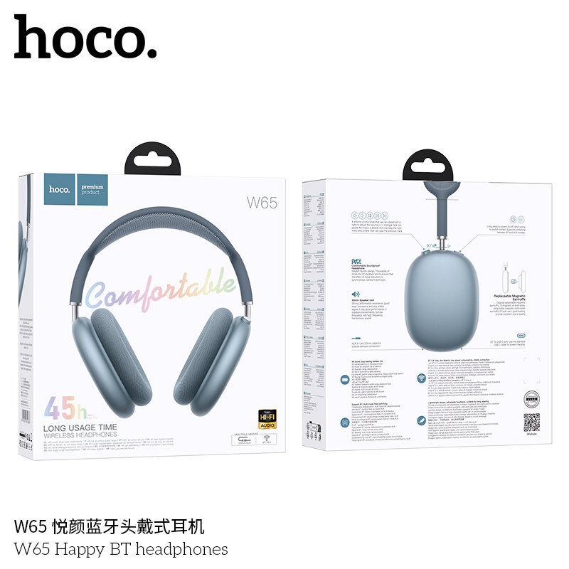 Гарнитура Bluetooth HOCO W65 Happy, bluetooth 5.4, полноразмерная, магнитные амбушюры, синяя