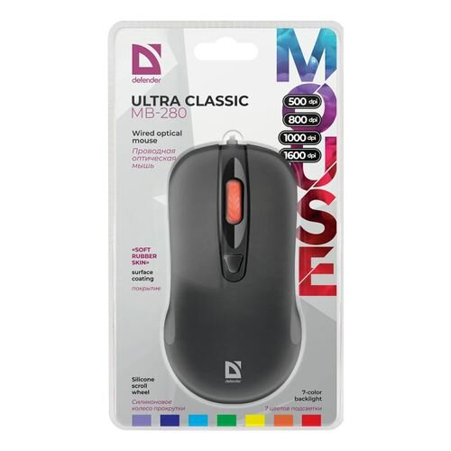 Мышь проводная Defender Ultra Classic MB-280, 7 цветов. игровая, подсветка, черная