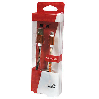 USB кабель на iPhone 5 IRON Selection PREMIUM кожаный с оранжевым наконечником в блистере