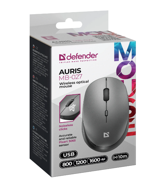 Мышь беспроводная Defender Auris MB-027, бесшумная, серая