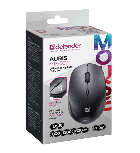 Мышь беспроводная Defender Auris MB-027, бесшумная, черная