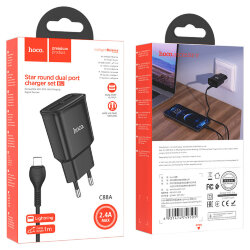 СЗУ HOCO C88A, 2*USB, 2.4A + кабель Lightning, черное